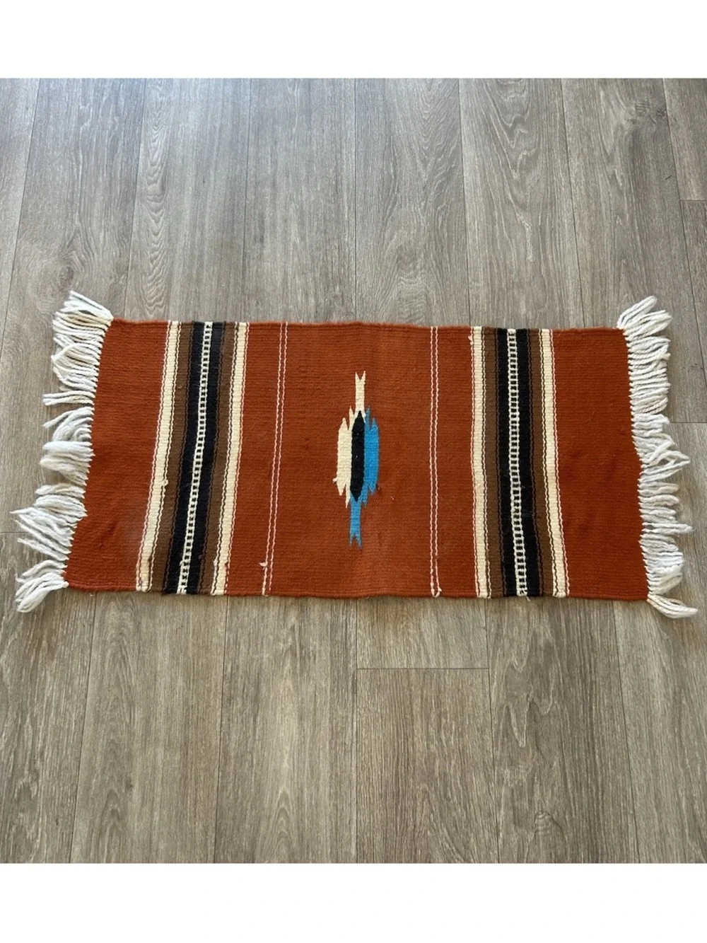 Vintage Handwoven Southwestern Wool Rug Mexican Style Rust Fringe 34.5x15.5
